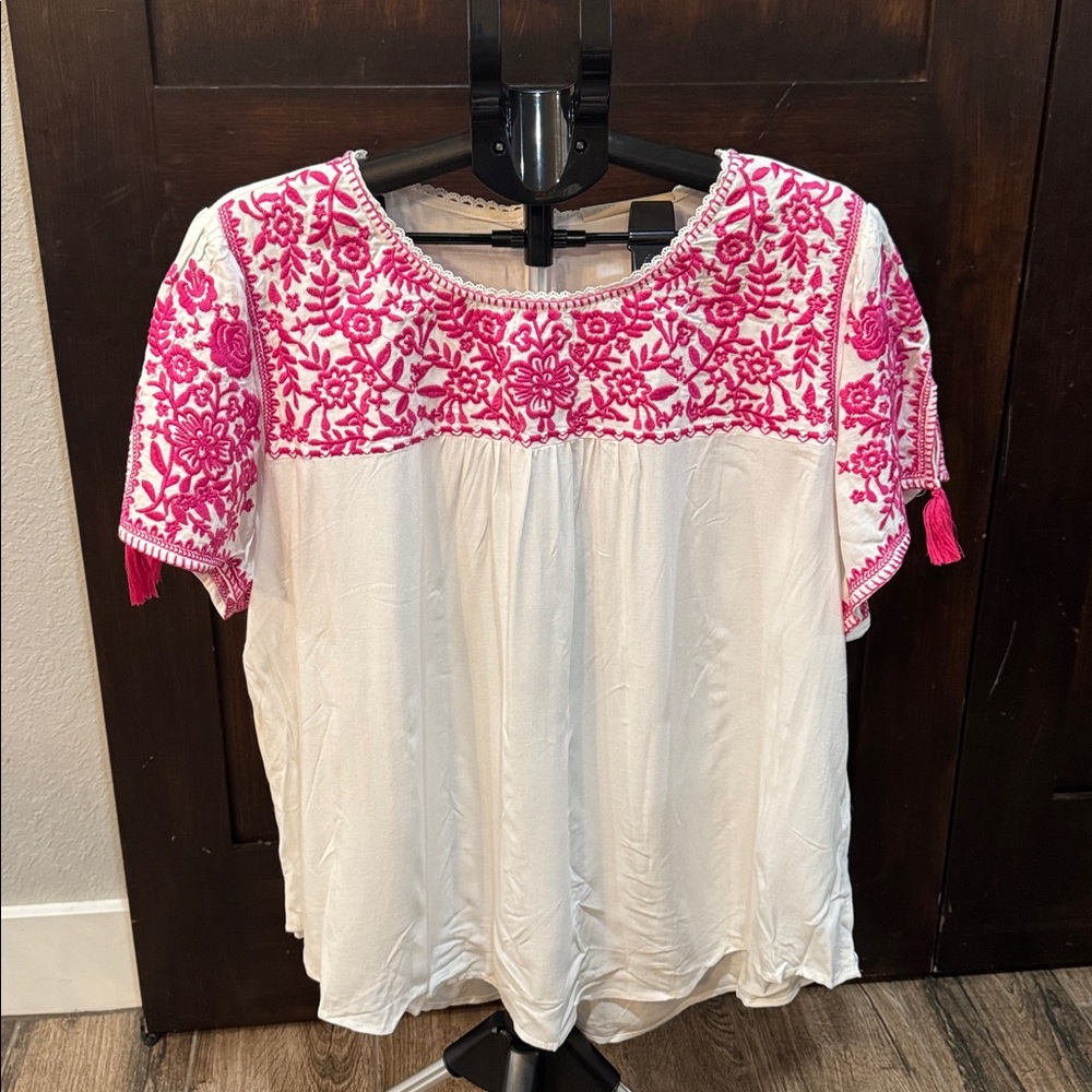 Savanna Jane White Blouse with Pink Embroidery